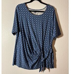 Lands' End Women's Size 1X Blue Medallion Tie-Front Short Sleeve Scoop Neck Top